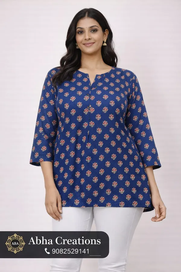 Blue_Cotton_Relaxed_Floral_Print_Short_Kurti_For_Women