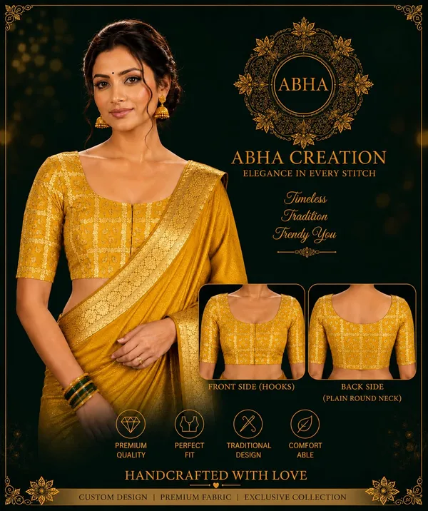 Yellow_Brocade_Jacquard_Round_Neck_Saree_Blouse_For_Women
