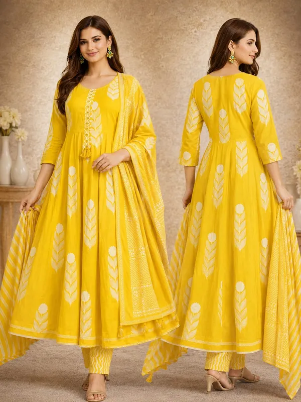 Yellow_Cotton_Anarkali_Kurta_Palazzo_Dupatta_Set_For_Women