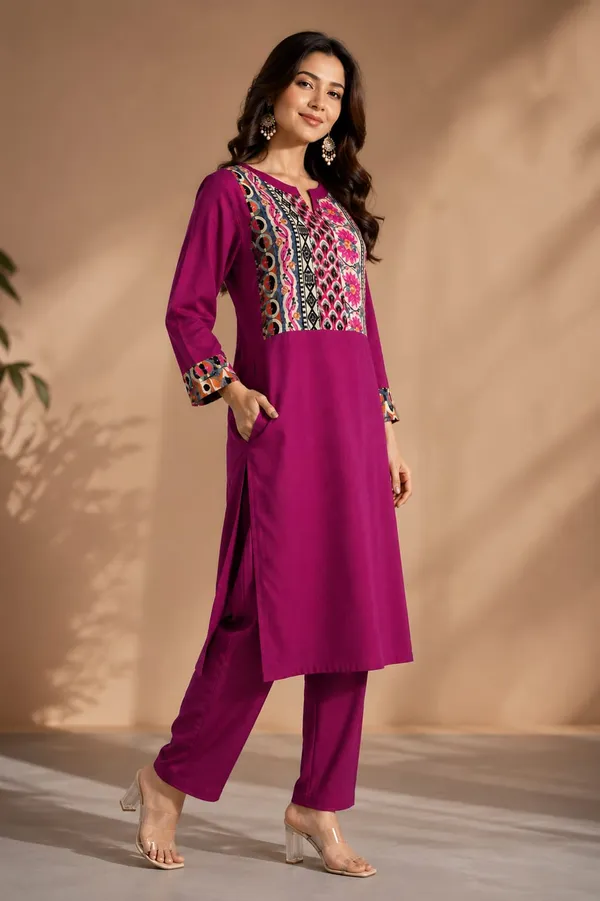 Magenta_Khadi_Cotton_Printed_Yoke_Straight_Kurta_For_Women