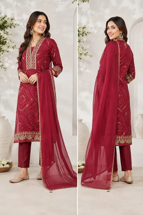 Maroon_Georgette_Bandhani_Print_Embroidered_Straight_Kurta_Set_For_Women