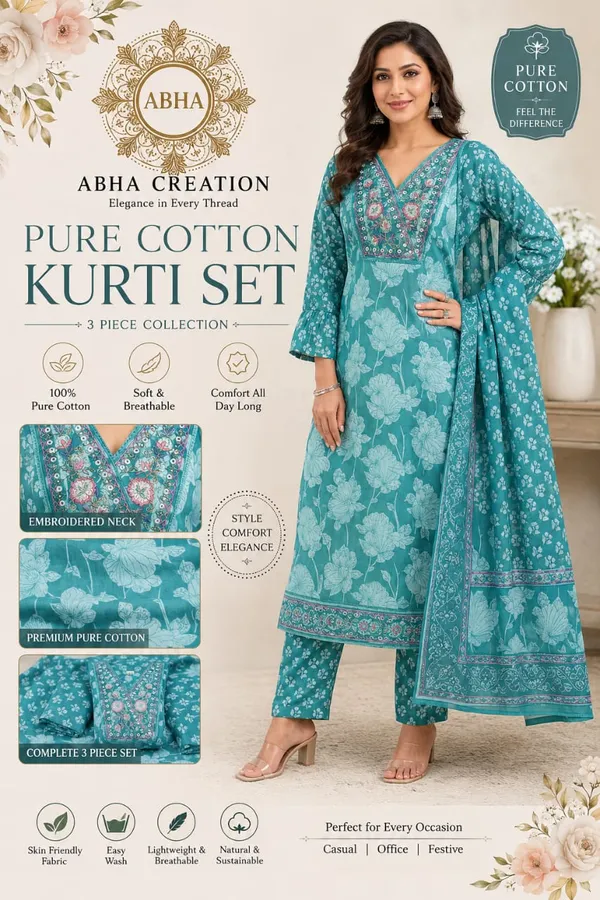 Teal_Cotton_Floral_Print_Embroidered_Kurti_Set_For_Women