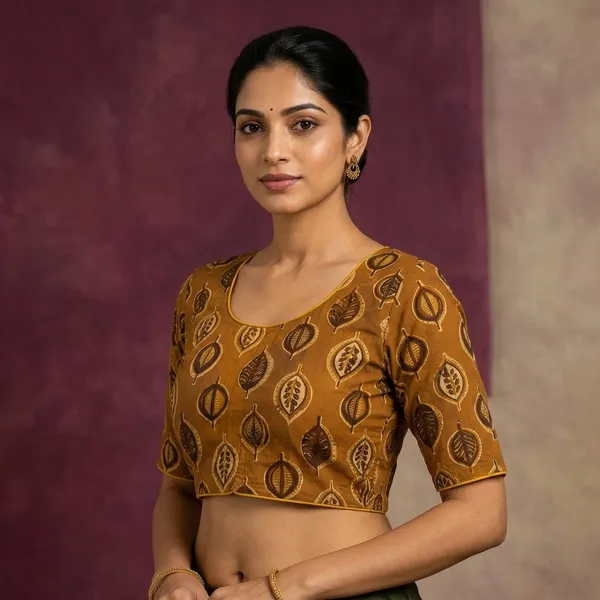 Mustard_Cotton_Leaf_Print_Tailored_Fit_Saree_Blouse_For_Women