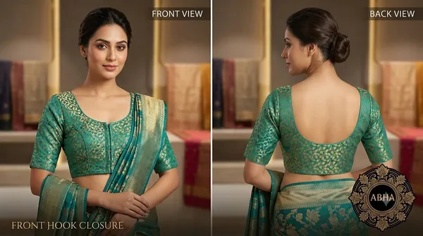 Teal_Gold_Zari_Woven_Silk_Round_Neck_Saree_Blouse_For_Women