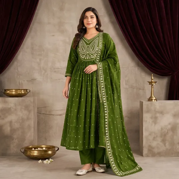 Green_Cotton_Embroidered_Anarkali_Kurta_Palazzo_Dupatta_Set_For_Women