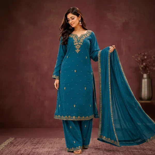 Teal_Cotton_Straight_Embroidered_Kurta_Palazzo_Dupatta_Set_For_Women