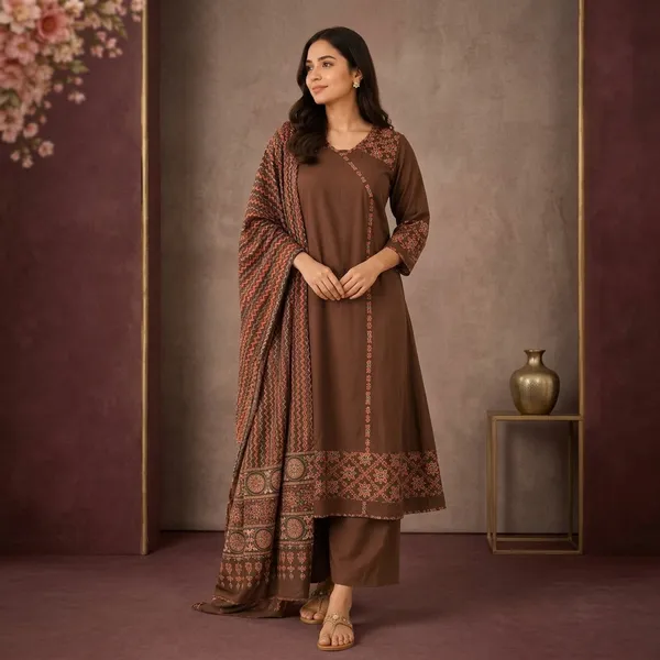 Brown_Cotton_Angrakha_Embroidered_Kurta_Palazzo_Set_For_Women