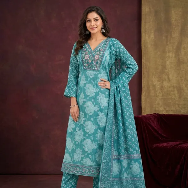 Teal_Cotton_Floral_Print_Embroidered_Kurti_Palazzo_Dupatta_Set_For_Women