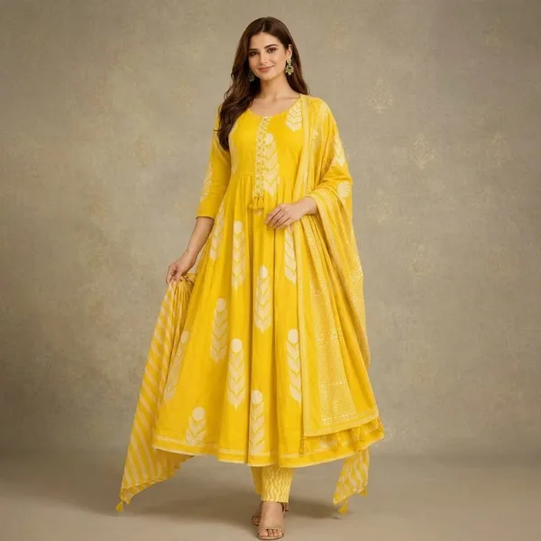 Yellow_Cotton_Anarkali_Kurta_Palazzo_Dupatta_Set_For_Women