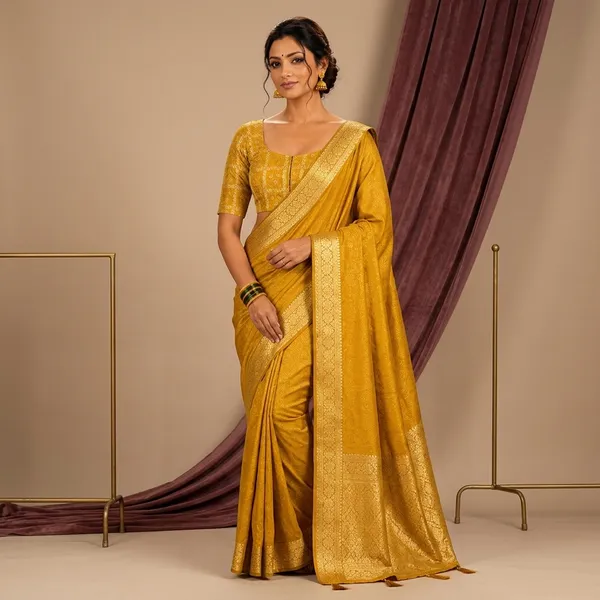 Yellow_Brocade_Jacquard_Round_Neck_Saree_Blouse_For_Women