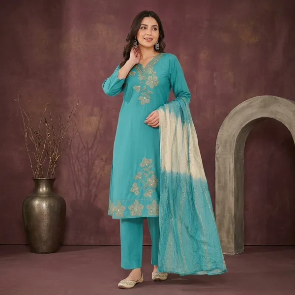 Turquoise_Silk_Embroidered_Straight_Kurta_Pant_Dupatta_Set_For_Women