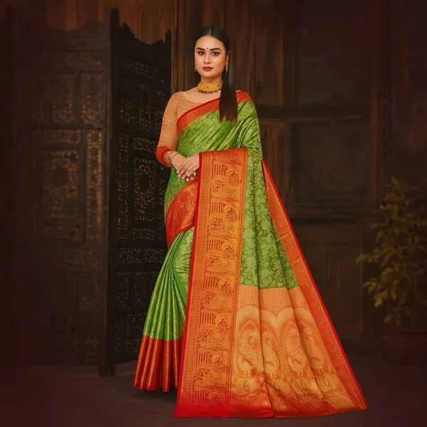 Green_Semi_Kanjivaram_Silk_Zari_Peacock_Border_Saree_For_Women