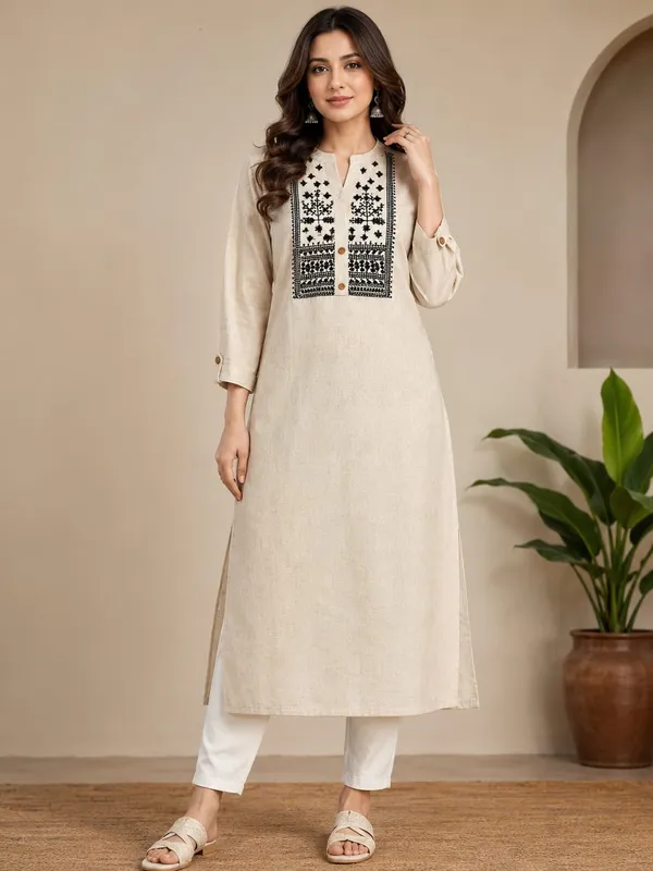 Beige_Khadi_Cotton_Straight_Embroidered_Kurta_For_Women