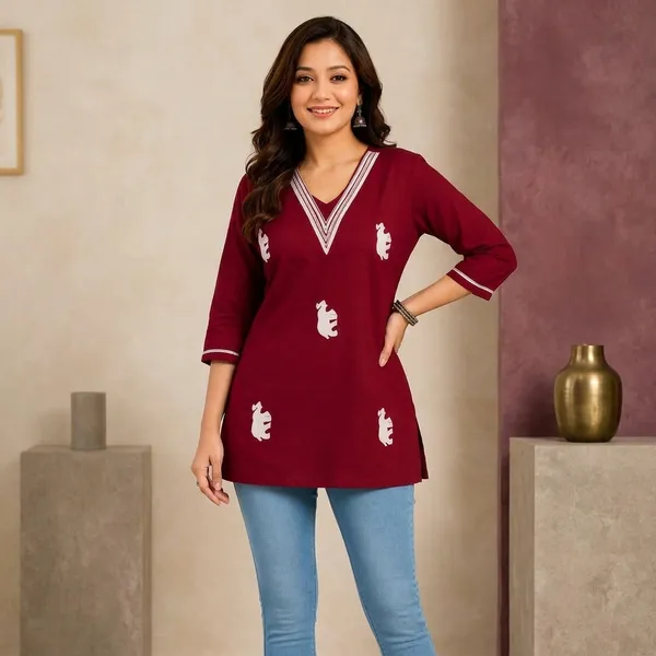 Maroon_Rayon_A_Line_Elephant_Print_Tunic_Top_For_Women