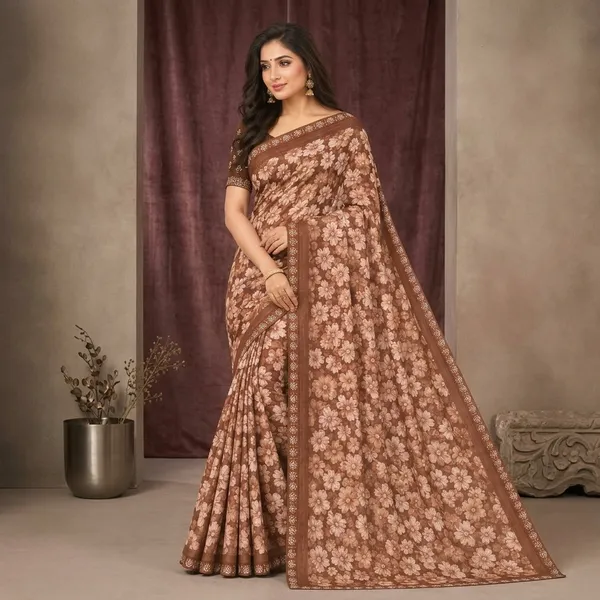 Brown_Silk_Floral_Print_Embellished_Border_Saree_For_Women