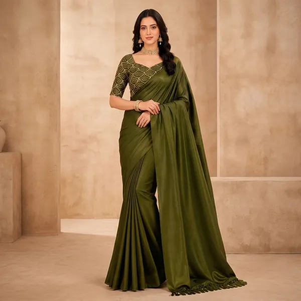 Olive_Green_Tussar_Silk_Plain_Saree_With_Sequin_Pearl_Blouse_For_Women