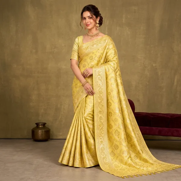 Lemon_Yellow_Banarasi_Silk_Gold_Zari_Floral_Saree_For_Women