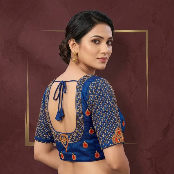 Blue_Silk_Hand_Embroidered_Round_Neck_Saree_Blouse_For_Women
