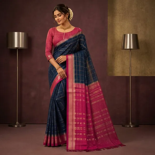 Navy_Blue_Silk_Woven_Pink_Border_Banarasi_Saree_For_Women
