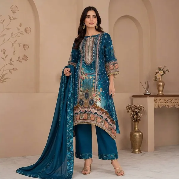 Teal_Silk_Printed_Straight_Kurta_Palazzo_Dupatta_Set_For_Women