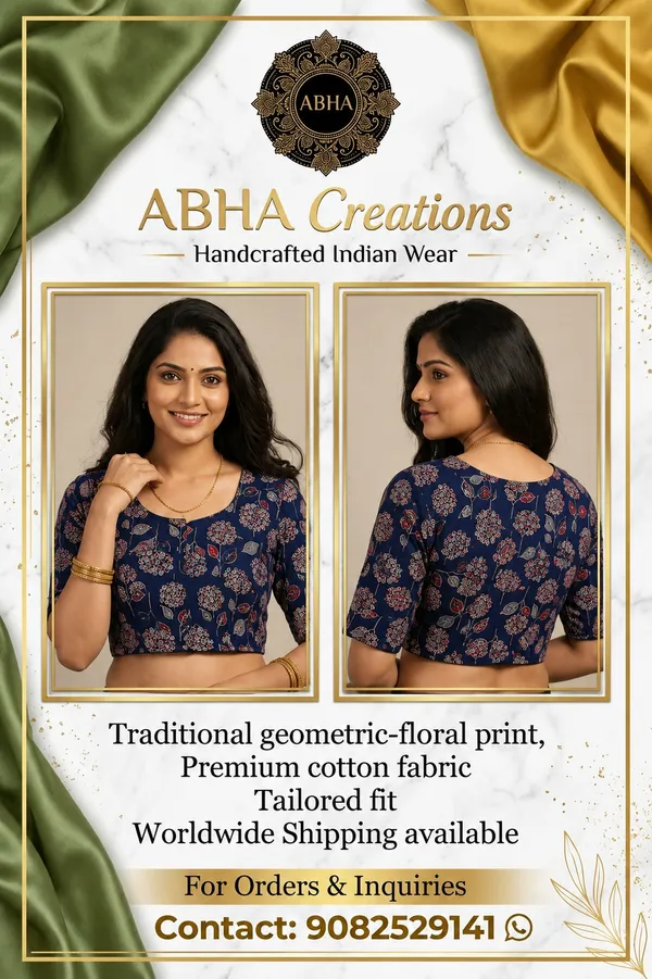 Navy_Cotton_Floral_Print_Tailored_Fit_Blouse_For_Women