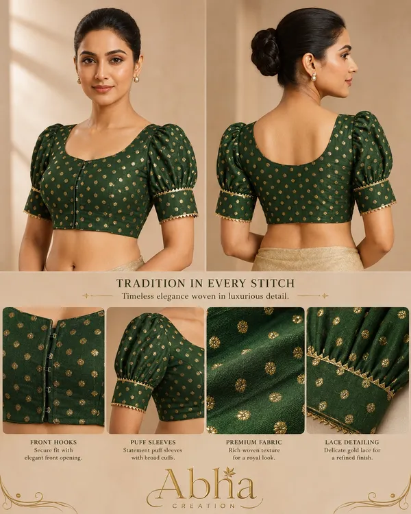 Green_Woven_Silk_Puff_Sleeve_Scoop_Neck_Blouse_For_Women