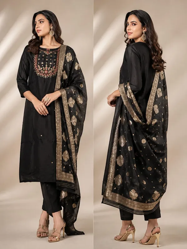 Black_Silk_Embroidered_Straight_Kurta_Pant_Dupatta_Set_For_Women