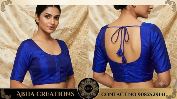 Blue_Silk_Deep_Neck_Backless_Fitted_Blouse_For_Women