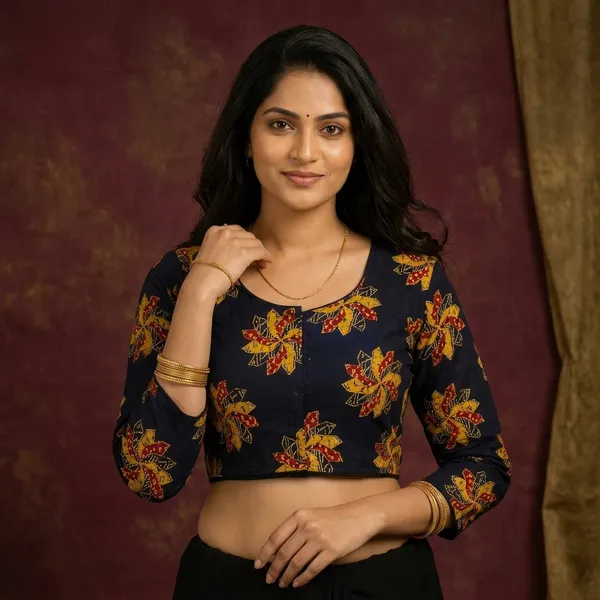 Navy_Cotton_Floral_Print_Tailored_Fit_Saree_Blouse_For_Women