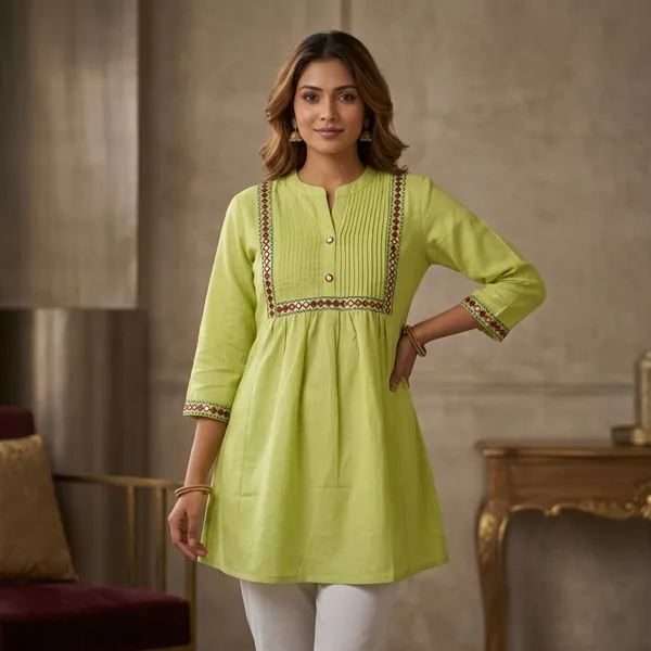 Green_Linen_Mirror_Work_Embroidered_Short_Kurti_For_Women