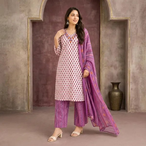 White_Cotton_Straight_Floral_Print_Kurta_Palazzo_Dupatta_Set_For_Women