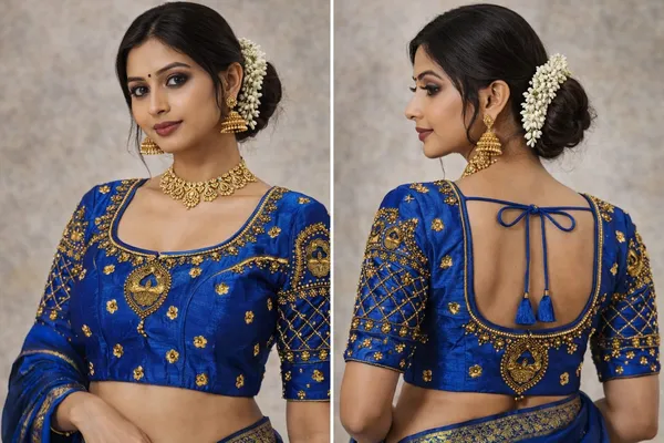 Blue_Silk_Zari_Embroidered_Elbow_Sleeve_Blouse_For_Women