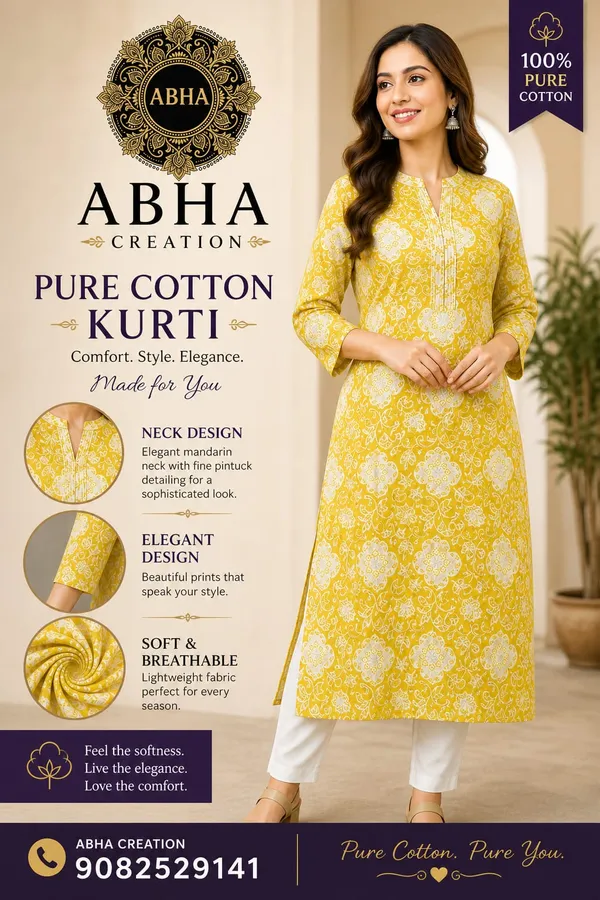 Yellow_Cotton_Floral_Print_Mandarin_Neck_Straight_Kurti_For_Women