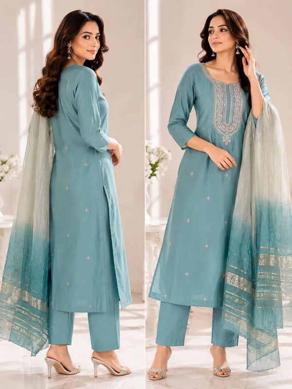 Teal_Silk_Straight_Embroidered_Kurta_Pant_Dupatta_Set_For_Women