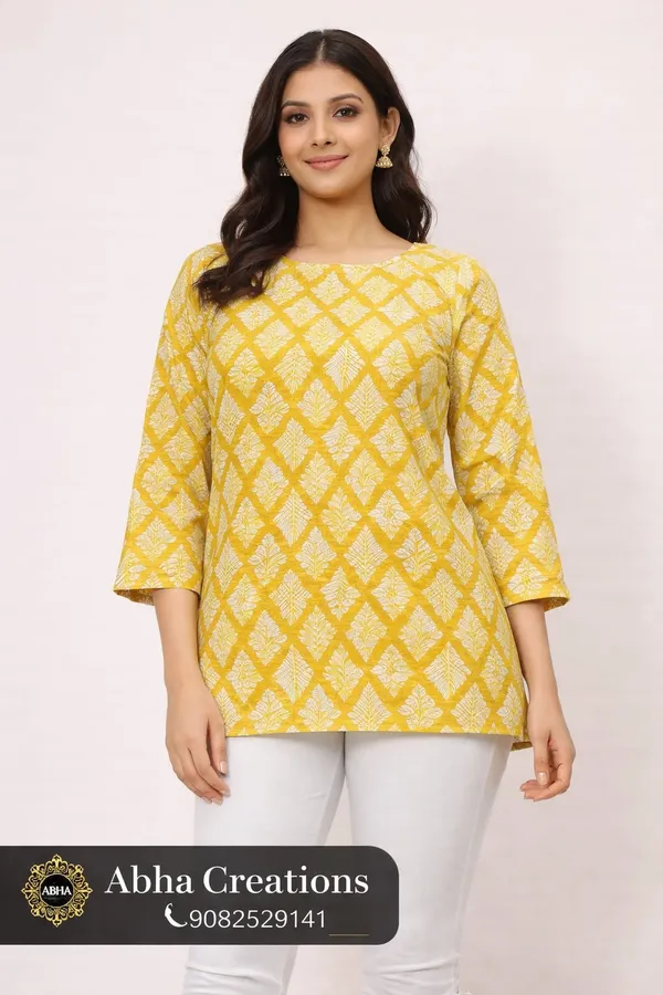 Yellow_Cotton_Straight_Fit_Printed_Tunic_Top_For_Women