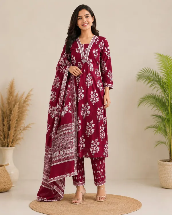 Maroon_Cotton_Floral_Print_Straight_Kurta_Set_For_Women