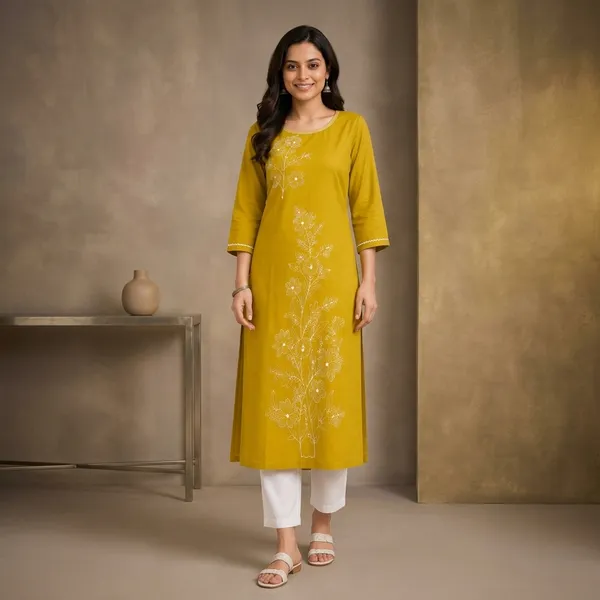 Mustard_Yellow_Silk_Shine_Cotton_Embroidered_Straight_Kurta_For_Women