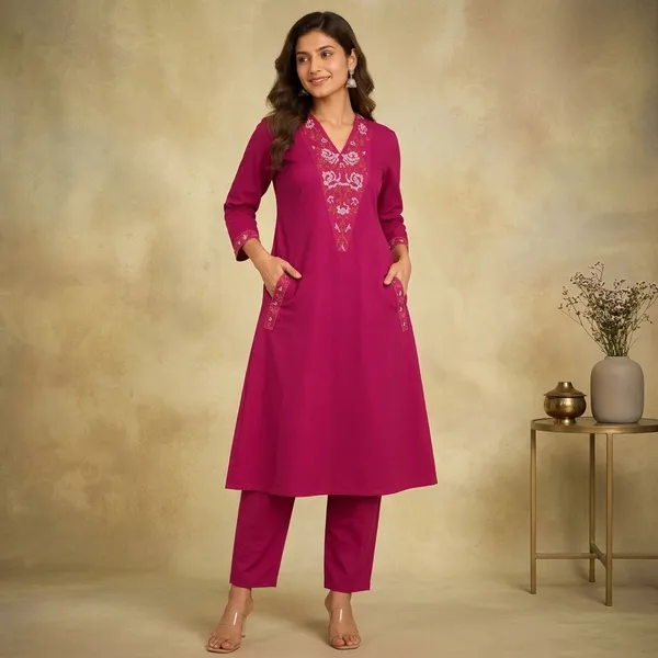 Pink_Cotton_A_Line_Floral_Embroidered_Kurta_Pant_Set_For_Women