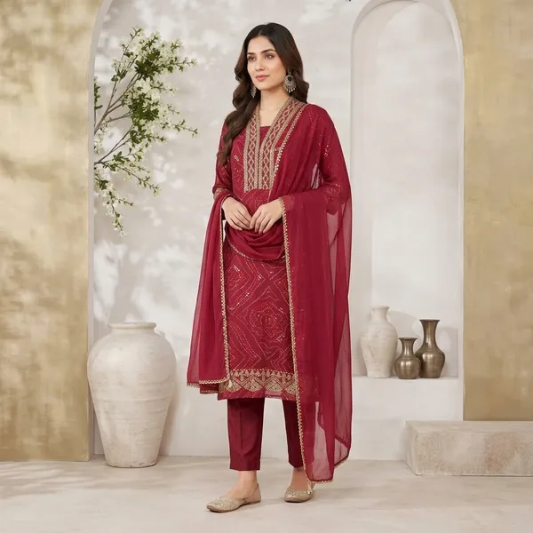 Maroon_Georgette_Bandhani_Print_Embroidered_Straight_Kurta_Set_For_Women