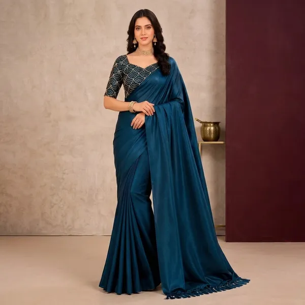 Teal_Blue_Tussar_Silk_Plain_Sequins_Blouse_Saree_For_Women