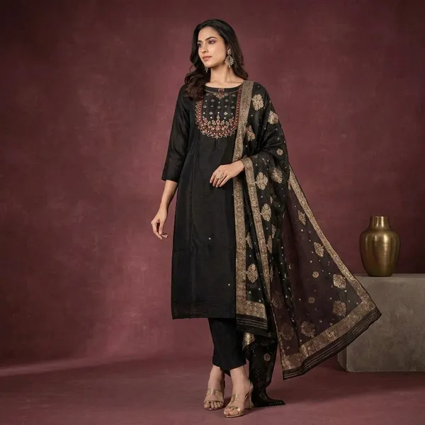 Black_Silk_Embroidered_Straight_Kurta_Pant_Dupatta_Set_For_Women