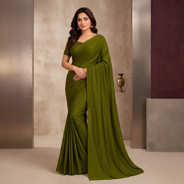 Olive_Green_Tussar_Silk_Plain_Sequins_Blouse_Saree_For_Women