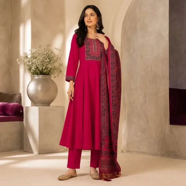 Magenta_Muslin_Flared_Anarkali_Embroidered_Kurta_Set_For_Women