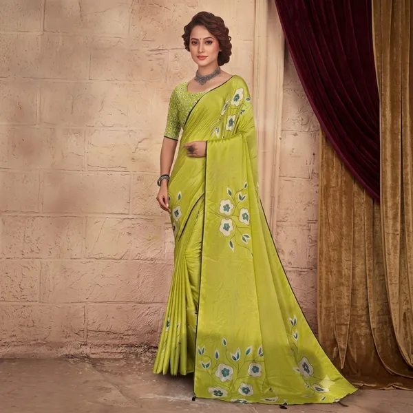 Green_Satin_Silk_Floral_Print_Saree_With_Embroidered_Blouse_For_Women