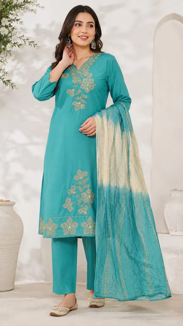 Turquoise_Silk_Embroidered_Straight_Kurta_Pant_Dupatta_Set_For_Women