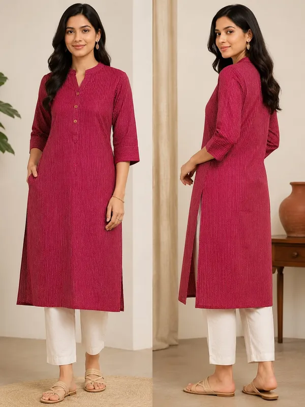 Maroon_Cotton_Straight_Fit_Striped_Kurta_For_Women