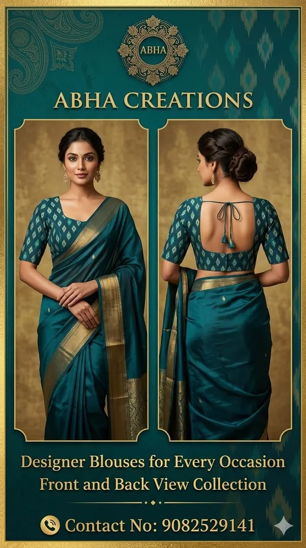 Teal_Cotton_Ikat_Print_Backless_Designer_Blouse_For_Women