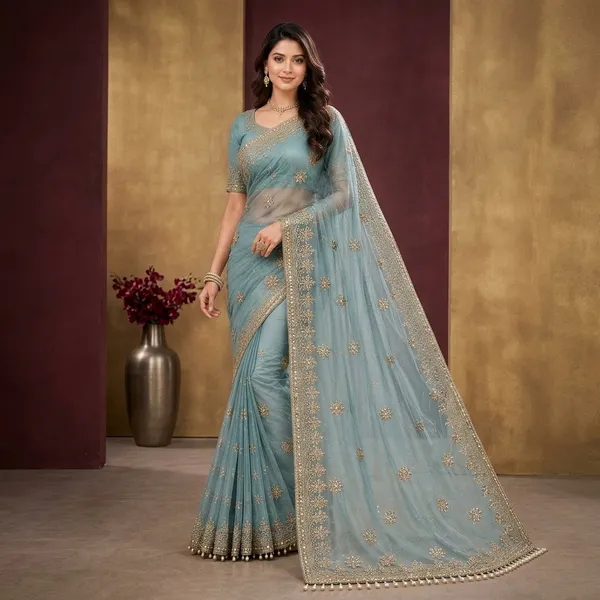 Blue_Soft_Net_Floral_Embroidered_Pearl_Border_Saree_For_Women