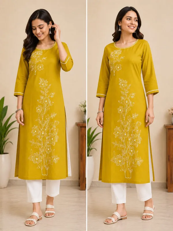 Mustard_Yellow_Silk_Shine_Cotton_Embroidered_Straight_Kurta_For_Women