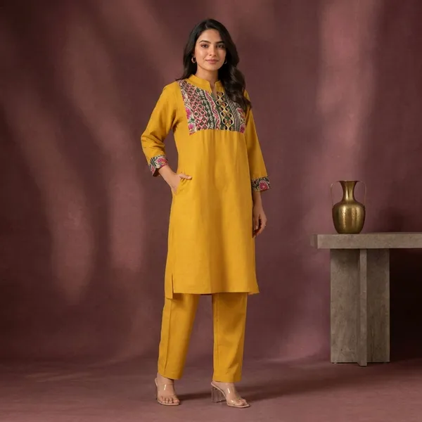 Yellow_Khadi_Cotton_Straight_Printed_Yoke_Kurta_Pant_Set_For_Women